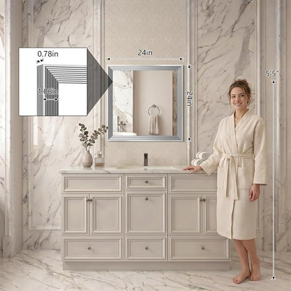 DESBING 24"x24" Silver Bathroom Mirrors for Over Sink | Tempered Glass, Metal Frame, Rectangle Vanity Wall Mirror for Bathroom, Living Room, Bedroom, Horizontally or Vertically
