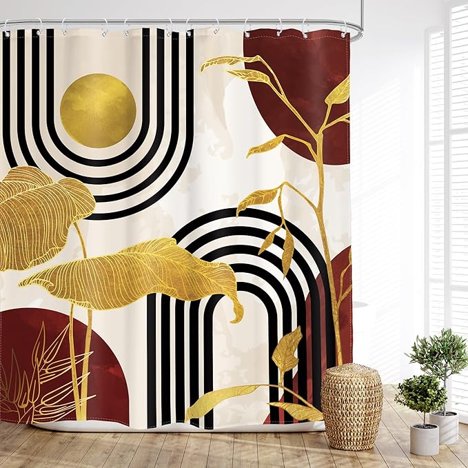 Glawry Red Abstract Mid Century Shower Curtain Boho Retro Tropical Palm Tree Plant Minimalist Sun Arch Bathroom Geometric Aesthetic 60Wx72L Inches Bath Accessories Art Home Decor Fabric 12 Pack Hook