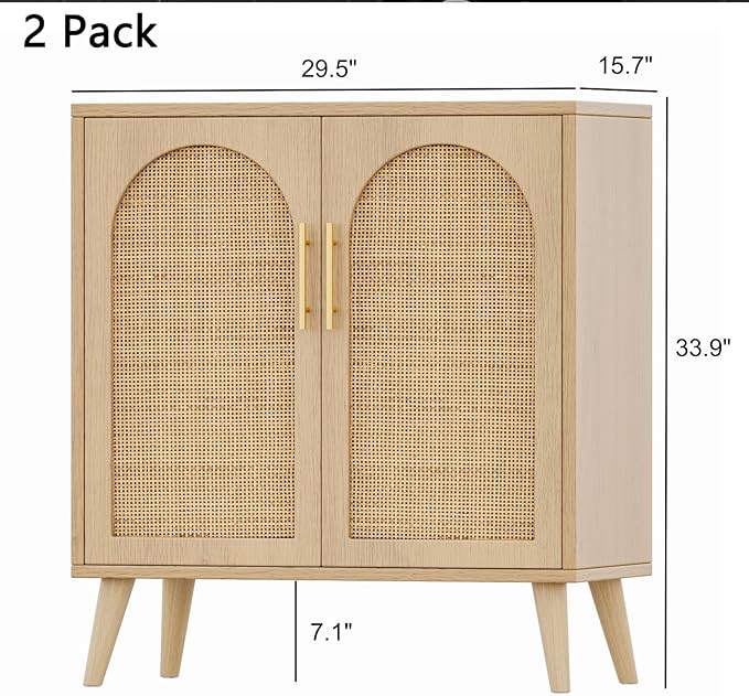 Rovaurx Set of 2 Rattan Storage Cabinet with Doors, Accent Bathroom Floor Cabinet, Modern Sideboard Buffet for Living Room, Entryway, Dining Room and Kitchen, Natural BMGZ108M02 | Set of 2, with Doors