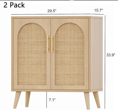Rovaurx Set of 2 Rattan Storage Cabinet with Doors, Accent Bathroom Floor Cabinet, Modern Sideboard Buffet for Living Room, Entryway, Dining Room and Kitchen, Natural BMGZ108M02 | Set of 2, with Doors
