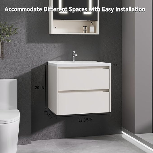 Khaki Floating Bathroom Vanity with Sink, 23x18 Inch Wall Mounted Bathroom Cabinet with 2 Drawers, Modern Single Sink Vanity for Small Bathroom, Space-Saving Storage Cabinet