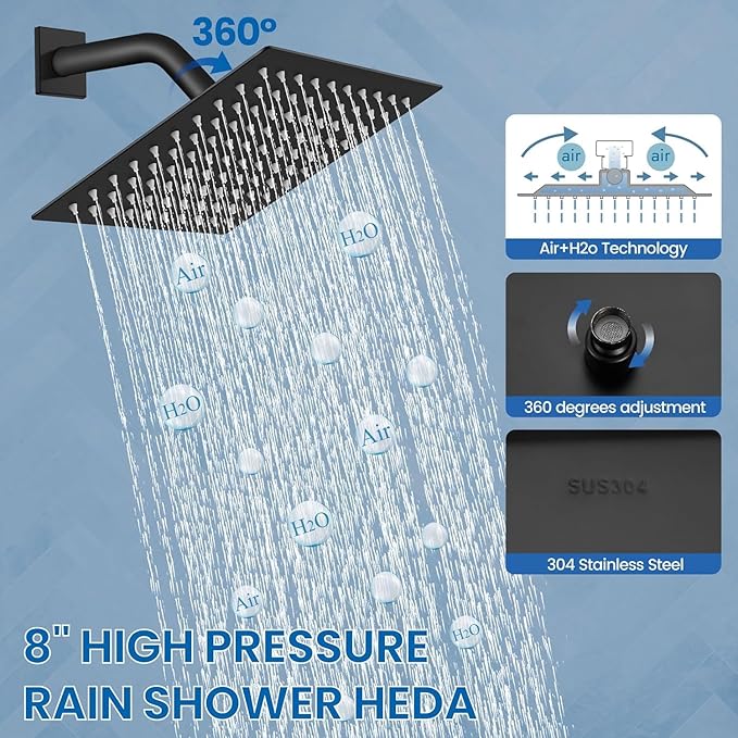 Black Shower Faucet Set, 8 Inch Square Wall Mounted Rainfall Shower Head with Rough-in Valve Body, Modern Bathroom Shower Trim Kit, Stainless Steel Single Function RV Shower System