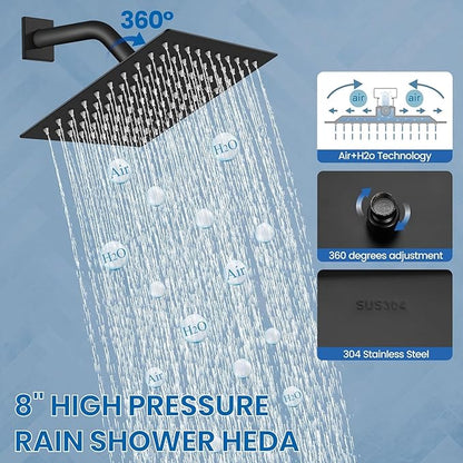 Black Shower Faucet Set, 8 Inch Square Wall Mounted Rainfall Shower Head with Rough-in Valve Body, Modern Bathroom Shower Trim Kit, Stainless Steel Single Function RV Shower System