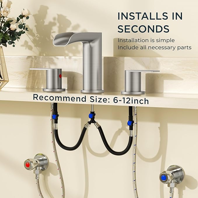 FORIOUS Bathroom Faucets 3 Hole, Waterfall Bathroom Sink Faucet with Pop-Up Drain & Water Supply, Brushed Nickel 8 Inch Widespread for Restroom, Vanity, Commercial Lavatory