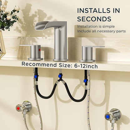 FORIOUS Bathroom Faucets 3 Hole, Waterfall Bathroom Sink Faucet with Pop-Up Drain & Water Supply, Brushed Nickel 8 Inch Widespread for Restroom, Vanity, Commercial Lavatory