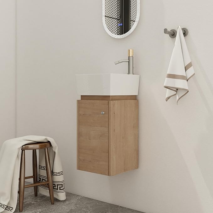 12" Bathroom Vanity with Sink, 12 Inch Floating Bathroom Vanity for Small Space, Modern Bathroom Vanity, Brown Wall Mounted Cabinet Set
