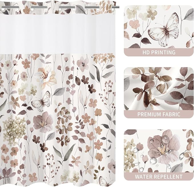 Litabel No Hook Brown Watercolor Floral Shower Curtain and Liner Set, 36x74 | Spring Flower Shower Curtains with Snap-in Liner for Farmhouse Bathroom Decor, Botanical Bathroom Curtain with Leaves