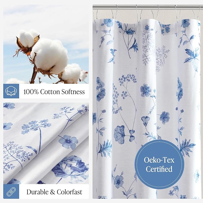 Martha Stewart 100% Cotton Floral Shower Curtain, 72 x 72, Blue | Martha's Garden Series, Botanical Floral Print, Spa Quality Modern, Machine Washable, Modern Bathroom Curtains