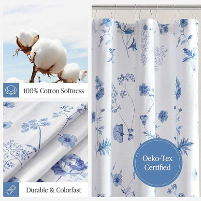 Martha Stewart 100% Cotton Floral Shower Curtain, 72 x 72, Blue | Martha's Garden Series, Botanical Floral Print, Spa Quality Modern, Machine Washable, Modern Bathroom Curtains