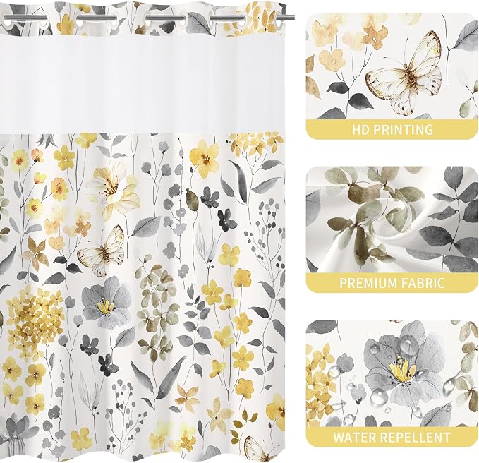 No Hook Yellow Watercolor Floral Shower Curtain and Liner Set, 72x86 | Spring Flower Shower Curtains with Snap-in Liner for Farmhouse Bathroom Decor, Botanical Bathroom Curtain with Leaves