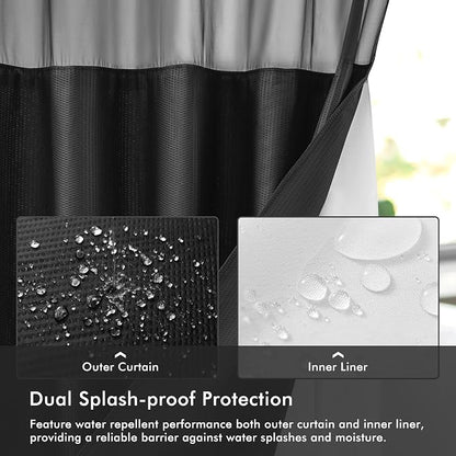 No Hook Black Shower Curtain with Snap-in Fabric Liner 71x74 | Embossed Waffle-Look Textured, Sheer Window, Soft & Lightweight, Water Repellent Fabric Shower Curtain for Bathroom