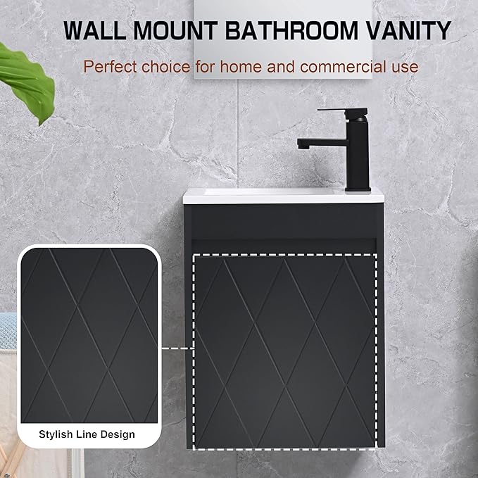 16" Bathroom Vanity Sink Combo for Small Space, Wall Mounted Bathroom Cabinet Set with White Resin Basin Sink Top Black Faucet Pop Up Drain Black