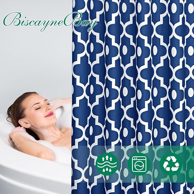 Fabric Modern Moroccan Shower Curtains for Bathroom-Indigo and White | 72"W x 72"L Textured Faux Linen Elegant Classic Bath Decor-Hotel Quality Transitional Geometric Washable & Breathable Cloth
