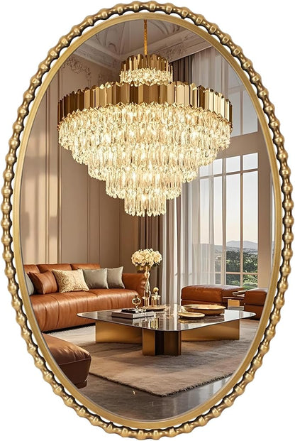 24"x36" Oval Wall Mirror, Antique Gold Bold Beaded Frame | Decorative oval mirror hangs vertically or horizontally for bathroom vanity, powder room, bedroom, entryway, or living room