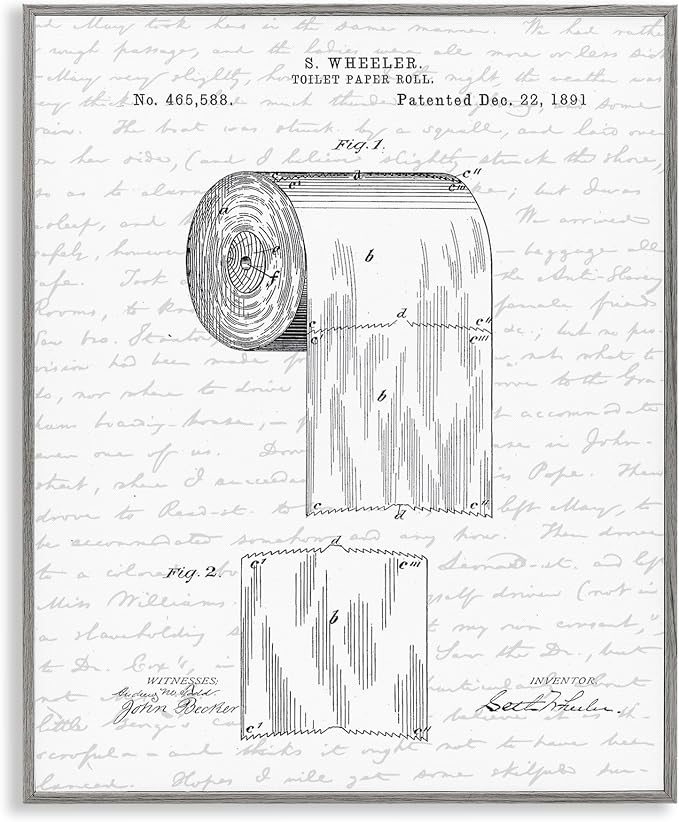 Stupell Industries 'Vintage Toilet Paper Roll Patent', Framed Giclee Art, Gray, 24 x 30 Inches, Easy to Hang and Sturdy, Made in USA, by Lettered and Lined