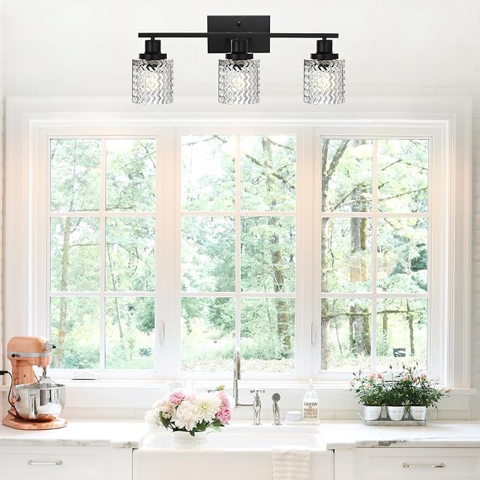 MELUCEE 3 Lights Modern Bathroom Light Fixtures Black Vanity Lights | Indoor Wall Mounted Light with Hammered Glass Shade Suitable for Bathroom Living Room Hallway