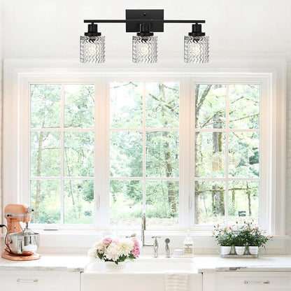 MELUCEE 3 Lights Modern Bathroom Light Fixtures Black Vanity Lights | Indoor Wall Mounted Light with Hammered Glass Shade Suitable for Bathroom Living Room Hallway