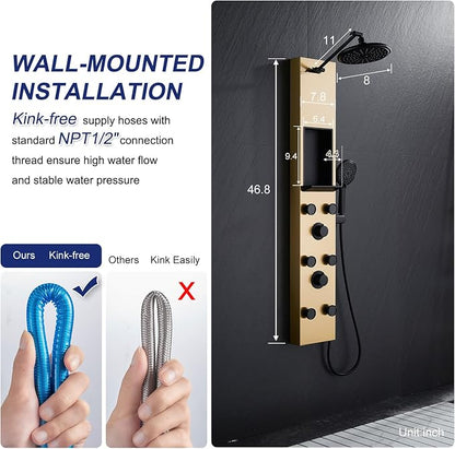 ROVATE Shower Panel Tower with Shelf & Adjustable Shower Arm, Brushed Gold | Stainless Steel Shower Column with 6 Adjustable Body Jets, Self-Cleaning Rainfall Shower Head & Flexible Handheld, Wall Mount