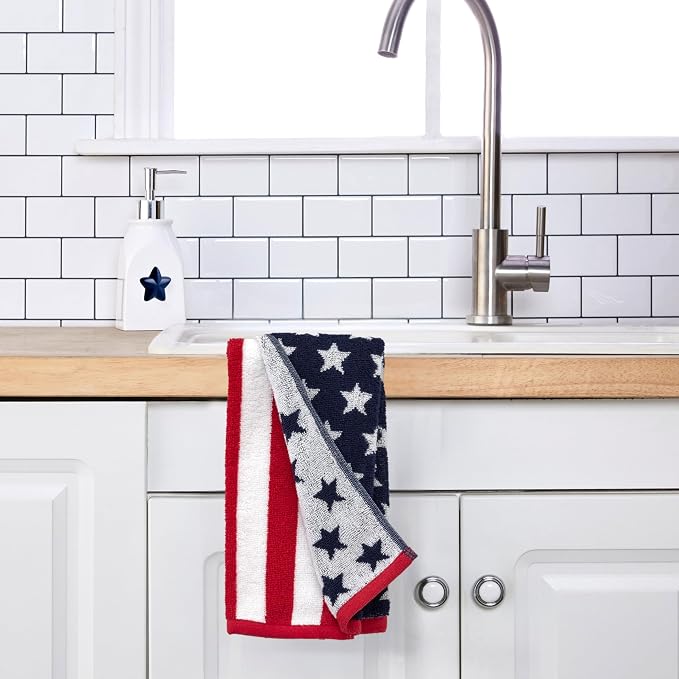 SKL Home American Flag Hand Towel Set-2pc, 100% Cotton, Reversible, Multi | Fun for Memorial Day, 4th of July, Labor Day & all patriotic holidays. For use in the bathroom, kitchen or bar.