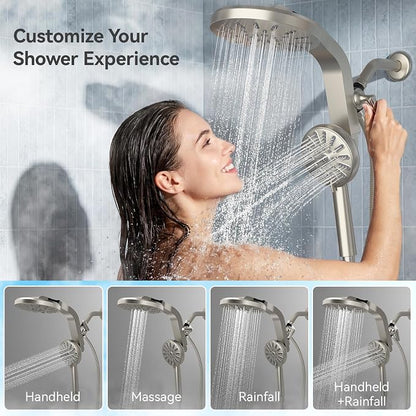 INAVAMZ High Pressure Rain Shower Head Combo with Magnetic Handheld Nickel | Dual Shower System with Rainfall Showerhead and 8-Spray Handheld, Magnetic Dock, Adjustable Angle, Power Jet for Cleaning