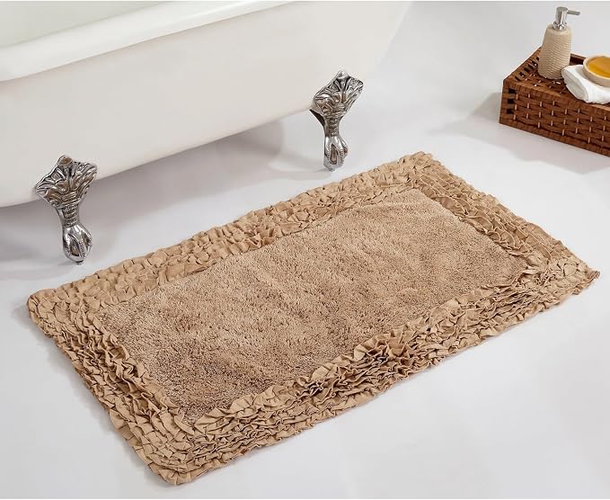 Better Trends Bathmat 100% Cotton Non-Slip Washable Rug Soft Tufted 24" x 40" Bath Mat Water Absorbent for Bathroom Floor Decor, Tub, Bedroom Kitchen Rugs Beige Shaggy Border Collection