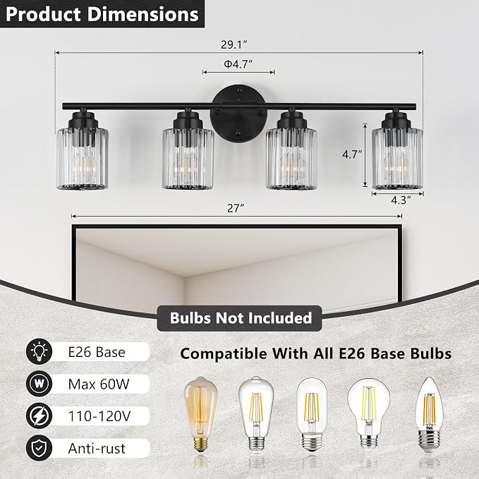 29.1" Black Vanity Light, 4-Light Bathroom Light Fixtures with Clear Crystal Shades, E26 Base Modern Black Wall Sconce, Vanity Lights for Bathroom Powder Room Bedroom Hallway