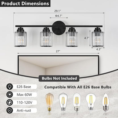 29.1" Black Vanity Light, 4-Light Bathroom Light Fixtures with Clear Crystal Shades, E26 Base Modern Black Wall Sconce, Vanity Lights for Bathroom Powder Room Bedroom Hallway