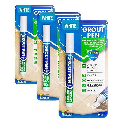 Grout Pen White Tile Paint Marker: Waterproof Grout Paint, Tile Grout Colorant and Sealer Pen - White, Narrow 5mm Tip (7mL) (Pack of 3)
