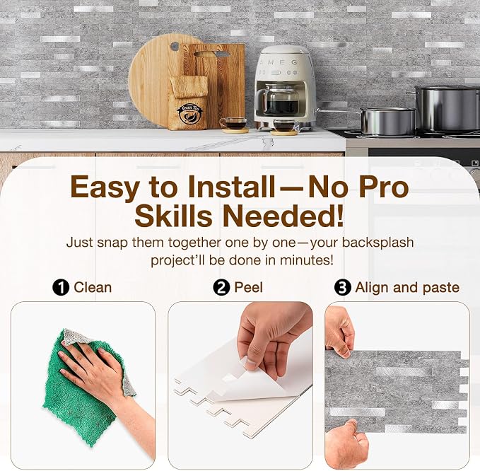 Peel and Stick Backsplash Tile Waterproof Removable PVC Wall Sticker 3D Faux Stone Marble Brick White Accent Panels (Matte Gray Stone - Metal Silver, 20 Tiles - 9 sq. ft. (0.84 M²))