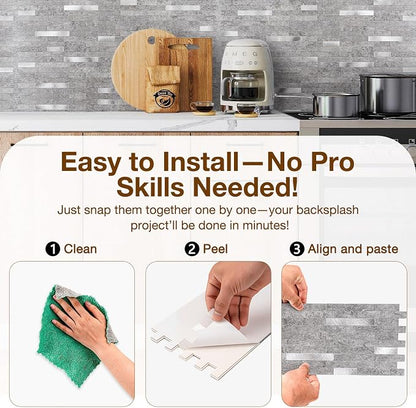 Peel and Stick Backsplash Tile Waterproof Removable PVC Wall Sticker 3D Faux Stone Marble Brick White Accent Panels (Matte Gray Stone - Metal Silver, 20 Tiles - 9 sq. ft. (0.84 M²))