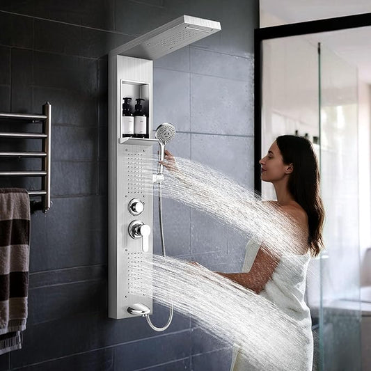 Shower Panel System, Multi-Function Shower Tower With 5 Body Spray, 5 Handheld Settings & Shelf, Rainfall + Waterfall Shower Head