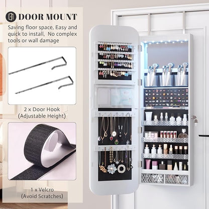 Vlsrka 47.2" Wall/Door Mounted Jewelry Cabinet Organizer Armoire W/Mirror | 6 LEDs, Over The Door Hanging Jewelry Organizer with Rounded Corner Mirror, Lockable Full Length Mirror with Storage,White