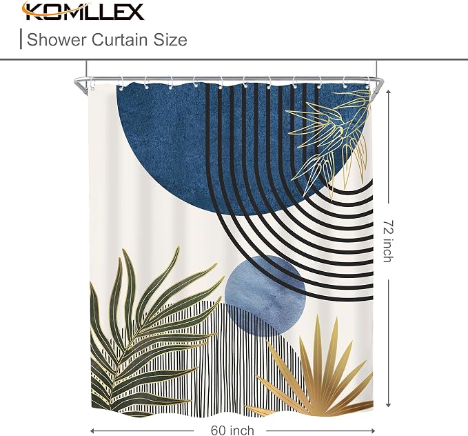 Mid Century Blue Green Boho Abstract Modern Bathroom Shower Curtain Set | 60Wx72L Plant design, waterproof HD print with fast-drying fabric and 12 hooks.