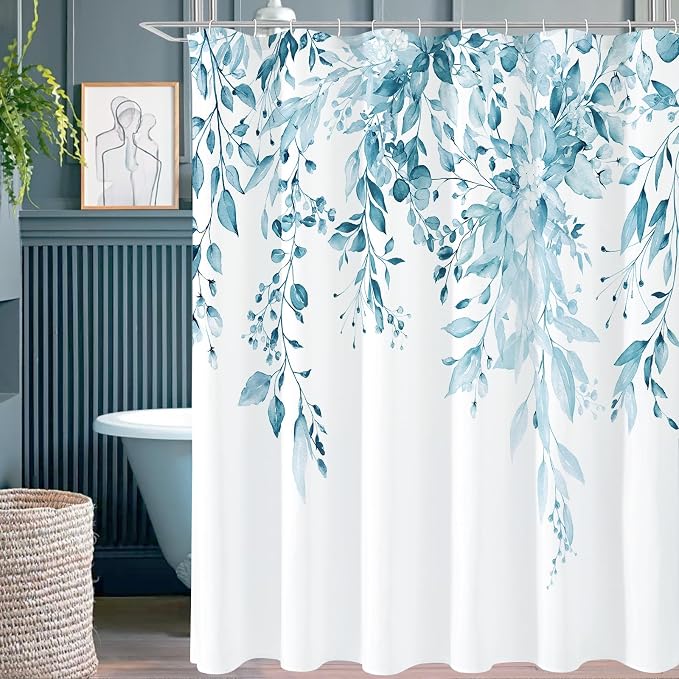 Spa Blue Eucalyptus Shower Curtain, Watercolor Plant Leaves with Floral Bathroom Shower Curtain Set with Hooks, 72x72 | Watercolor Plant Leaves Floral Print, Waterproof Fabric Bathroom Decor, Machine Washable, Rustproof Grommets