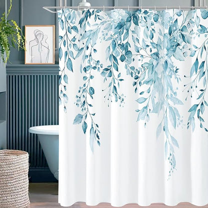 Spa Blue Eucalyptus Shower Curtain, Watercolor Floral Print, 72x78 | Watercolor Plant Leaves Floral Print, Waterproof Fabric Bathroom Decor, Machine Washable, Rustproof Grommets