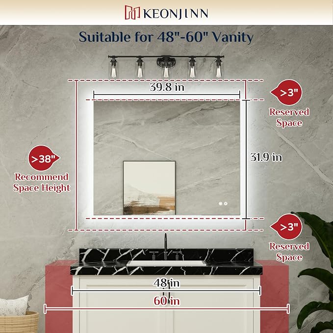 Keonjinn Backlit Mirror 40 x 32 Inch LED Mirror Bathroom Vanity Mirror with Lights 3-Color Warm/Natural/White High Lumens 6418LM, Anti-Fog Wall Mounted Dimmable Lighted Makeup Mirror | Dimmable 3 Color Lights, High Lumen, Auto-OFF Defogging, Secure Fre...