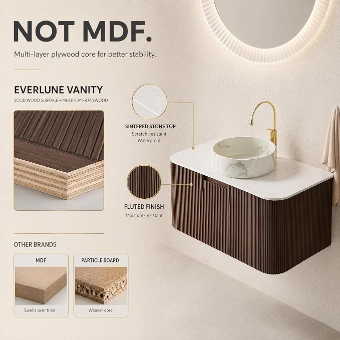 36 Inch Bathroom Vanity with Sink, Floating Wall Mounted Single Sink Vanity, Dark Walnut Curved Fluted Front, Stone Top, Marble-Look Round Vessel Basin, Pre-Assembled
