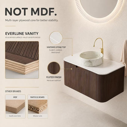36 Inch Bathroom Vanity with Sink, Floating Wall Mounted Single Sink Vanity, Dark Walnut Curved Fluted Front, Stone Top, Marble-Look Round Vessel Basin, Pre-Assembled