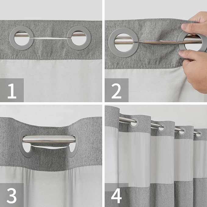 eachope No Hook Linen Texture Shower Curtain with Snap-in Liner,71x74 Gray | 230GSM Thick Fabric,Hotel Luxury Decor,Mesh Top Window,Magnetic Weighted Hem,Waterproof & Machine Washable,for Bathroom