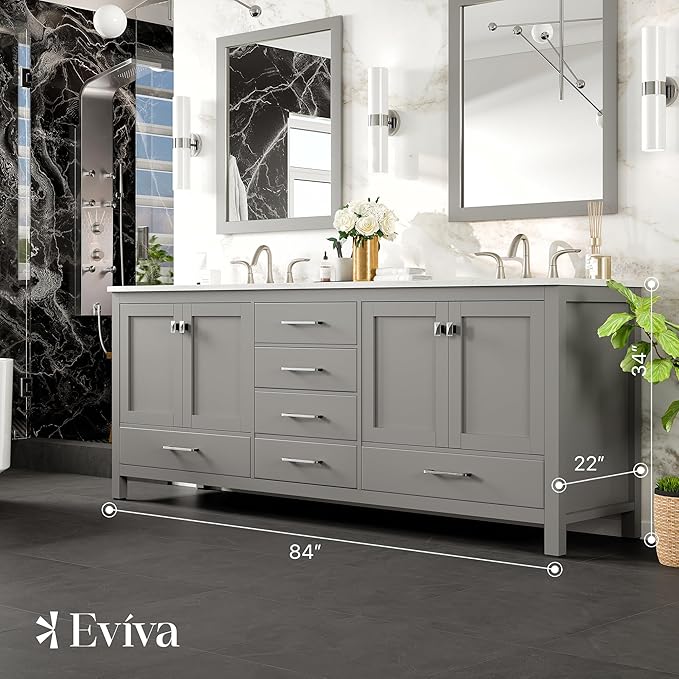 Eviva Aberdeen 84 in. Gray Double Sink Bath Vanity with Carrara Quartz Top and Undermount Porcelain Sinks
