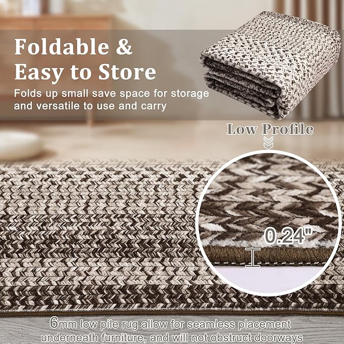 Imitation Braided Collection-Print 4x6 Bedroom Washable Area Rug Dining Room Throw Carpet with Non Slip Rubber Backing, Farmhouse Soft Low Pile Rustic Accent Rug for Living Room Home Decor