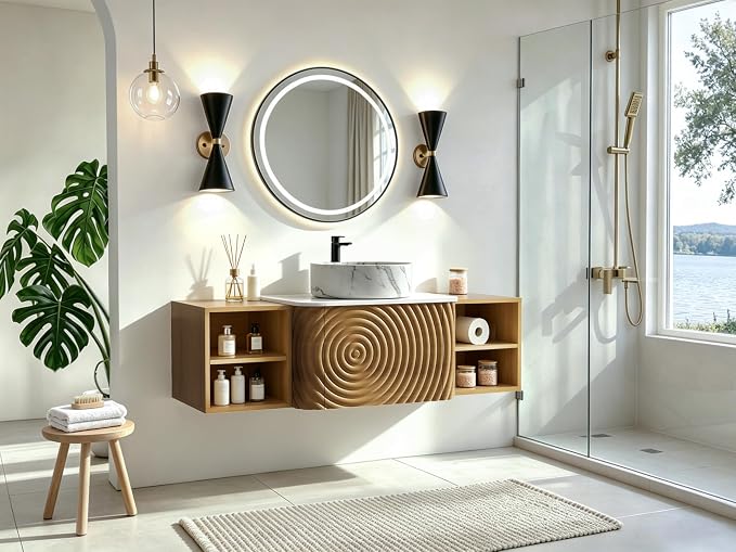 48" Floating Bathroom Vanity with Sink, Mid-Century Wall Mounted Bathroom Vanity Cabinet with Wood Waved Decor,Marble Ceramic Basin and Sintered Stone Top, Soft Close Drawer, 2 Side Open Cube