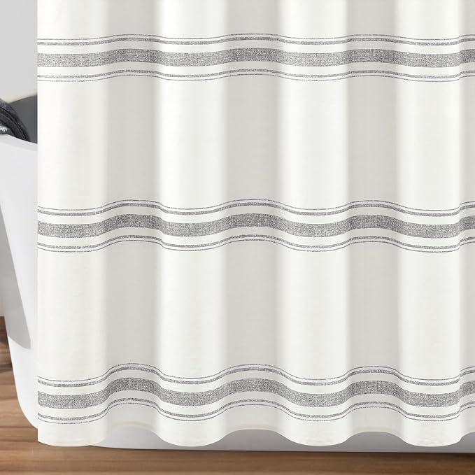 Lush Decor Farmhouse Stripe Cotton Shower Curtain, 72" W x 72" L, Gray - Striped Bathroom Curtain - Fabric Shower Curtains - Farmhouse Bathroom Decor