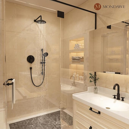 MONDAWE 8 Inch Wall Mounted Shower Faucet Set in Matte Black, Rainfall Shower Head with 3-Setting Handheld Spray Shower Set Combo, High Pressure Shower System with Solid Brass Valve