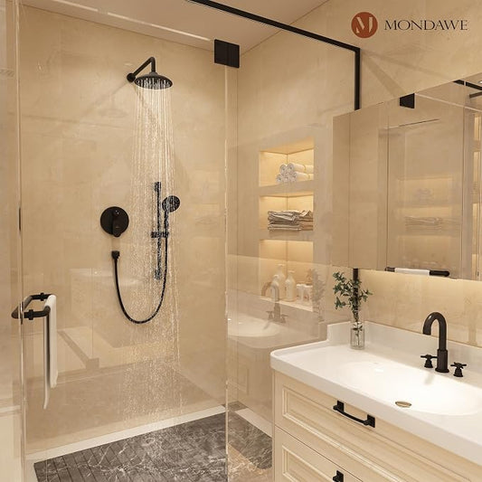 MONDAWE 8 Inch Wall Mounted Shower Faucet Set in Matte Black, Rainfall Shower Head with 3-Setting Handheld Spray Shower Set Combo, High Pressure Shower System with Solid Brass Valve