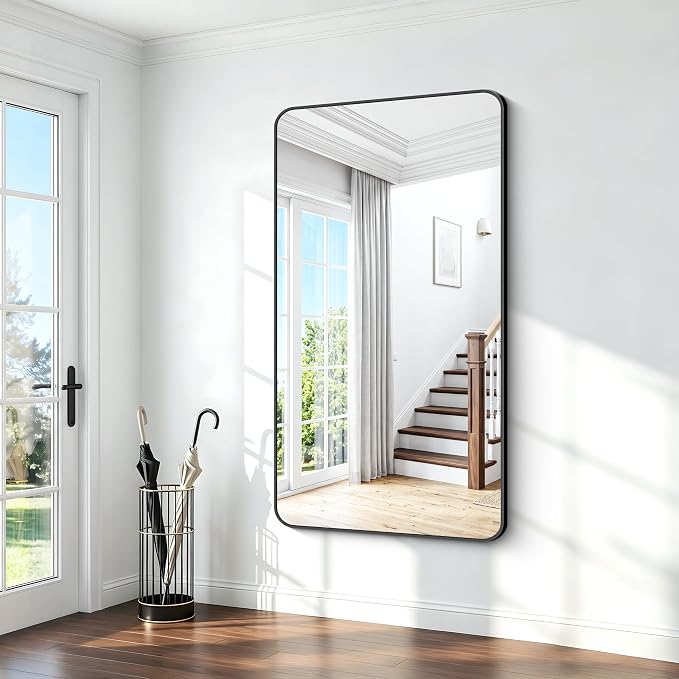 BONEWEI 72x40 inch Large Bathroom Mirror,Black Rectangle Mirror,Wall Mounted Bathroom Frame Vanity Mirror with Round Corner for Bedroom Living Room, Entryway Hangs Horizontal or Vertical