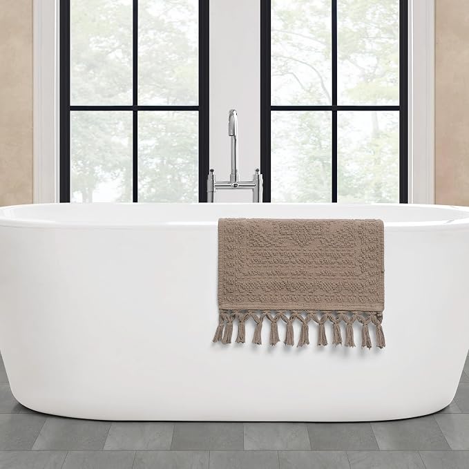 French Connection Nellore Bathroom Rugs, Woven and Beaded Bathroom Mats, Durable Non-Slip Bath Rugs, Thick BathMats, 17'' x 28'', Light Brown (FCB020920)