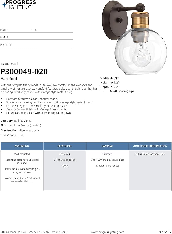 Progress Lighting P300049-020 Hansford Bath & Vanity, 1-Light, Antique Bronze