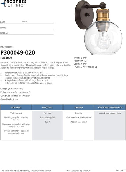 Progress Lighting P300049-020 Hansford Bath & Vanity, 1-Light, Antique Bronze