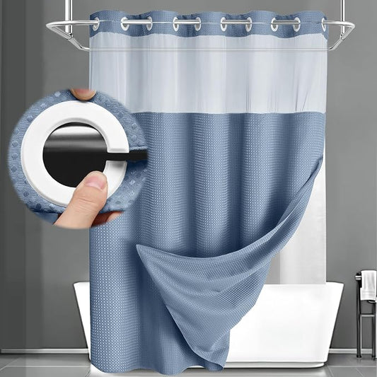 No Hook Shower Curtain with Liner Set Hotel Waffle Sky Blue 72W X 75L | Washable Snap in Fabric Liner, Mesh Top Window, Waffle Hotel Style Shower Curtain Set